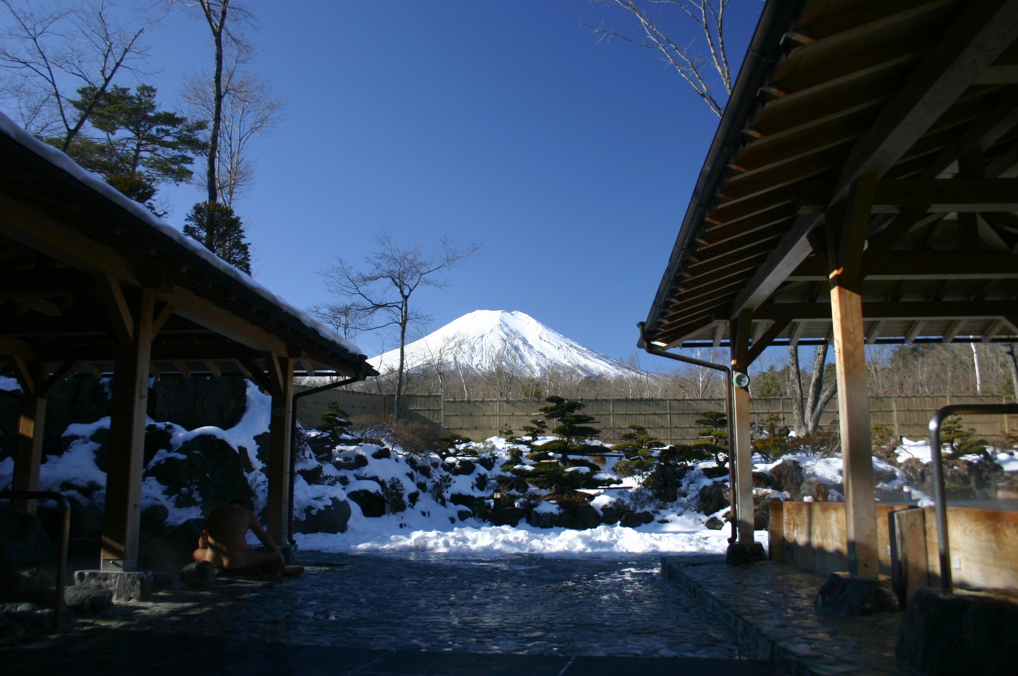 Open-air hot spring view overlooking Mount Fuji