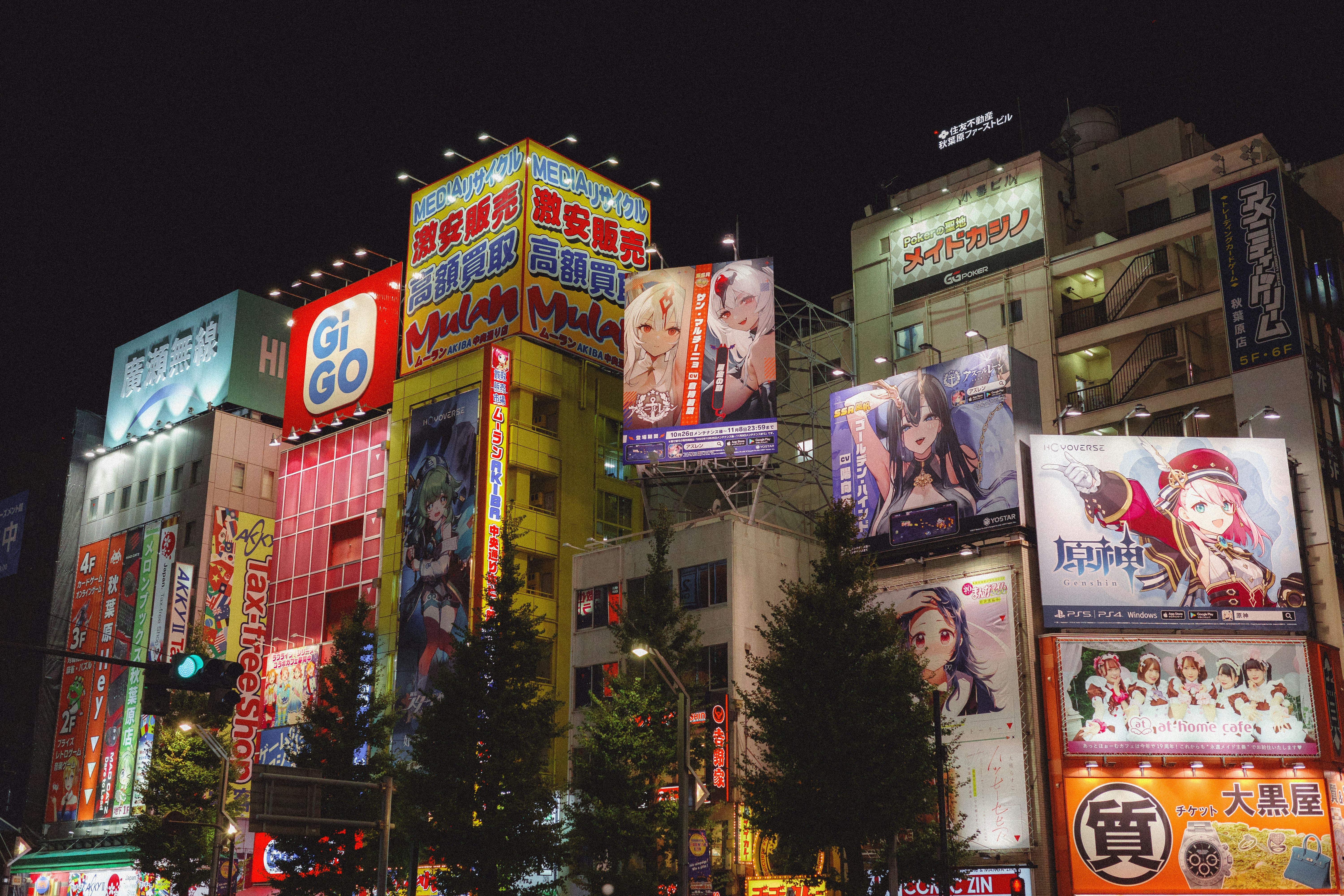 The busy electronics district and anime signs in Akihabara